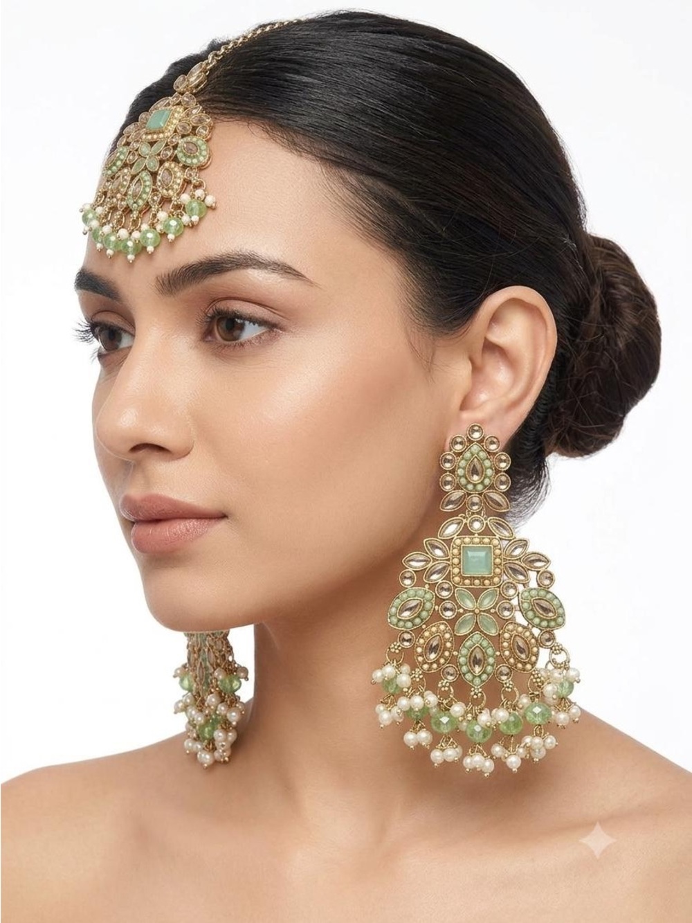 Gold-Tone Green Pearl Chandbali Earrings and Maang Tikka Set